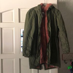 Dusty green coat with soft rose lining. Warm & cozy!